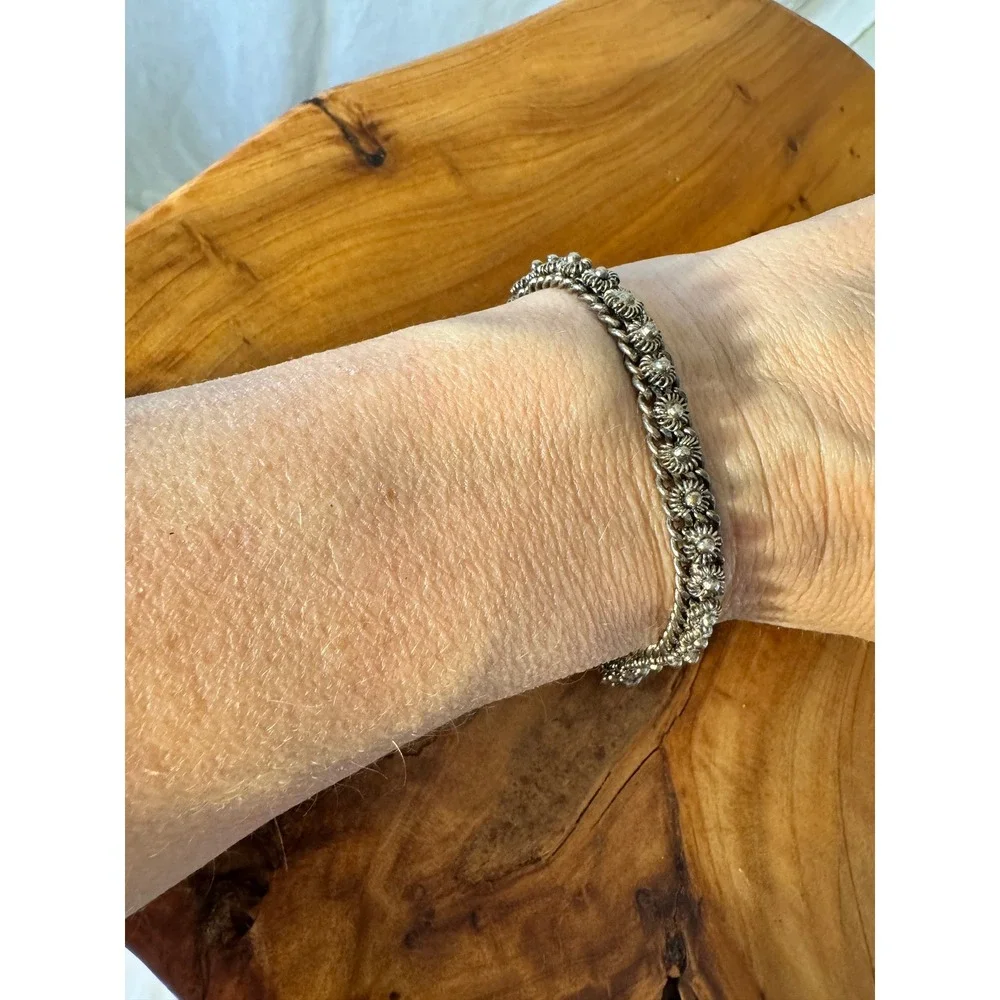 Vintage Boho Floral Link Curb Chain Bracelet Womens 6.75 Silver‎ Tone Ornate